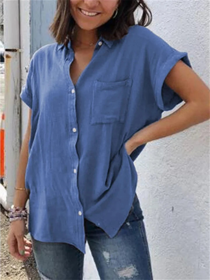 Anna - Casual linnen en katoenen vintage top met korte mouwen