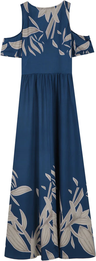 Kobalt Blauwe Koude Schouder Geplooide V-Hals Zomer Maxi Dress