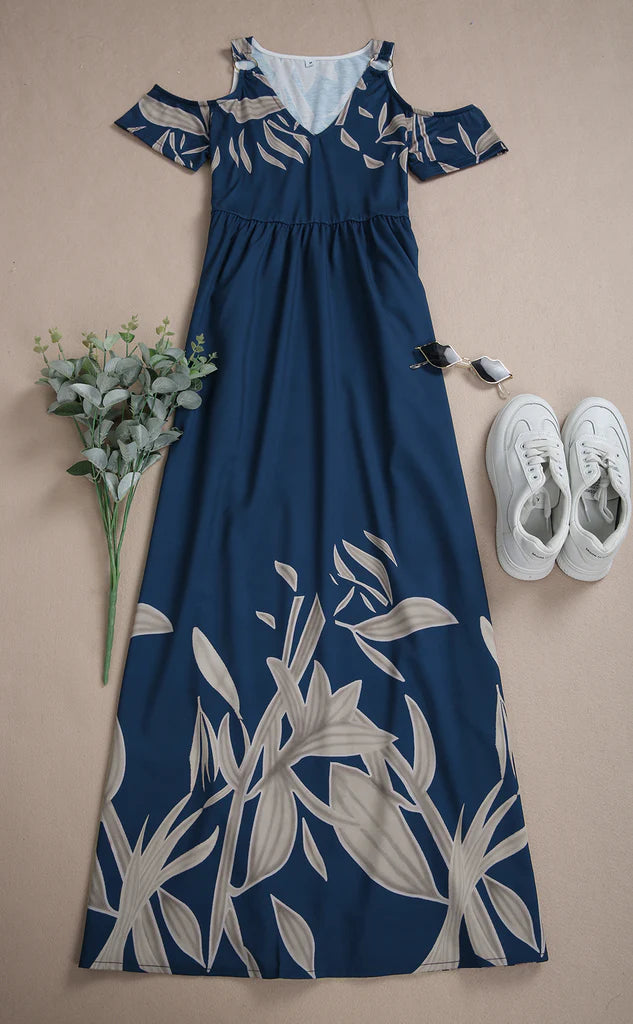 Kobalt Blauwe Koude Schouder Geplooide V-Hals Zomer Maxi Dress