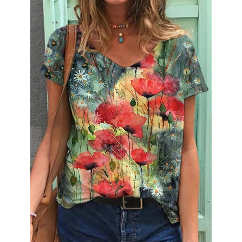 T-shirt met spitse hals en reproductie bloemenprint
