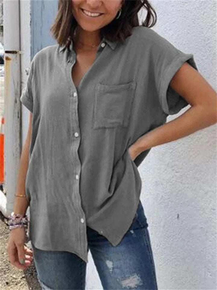 Anna - Casual linnen en katoenen vintage top met korte mouwen