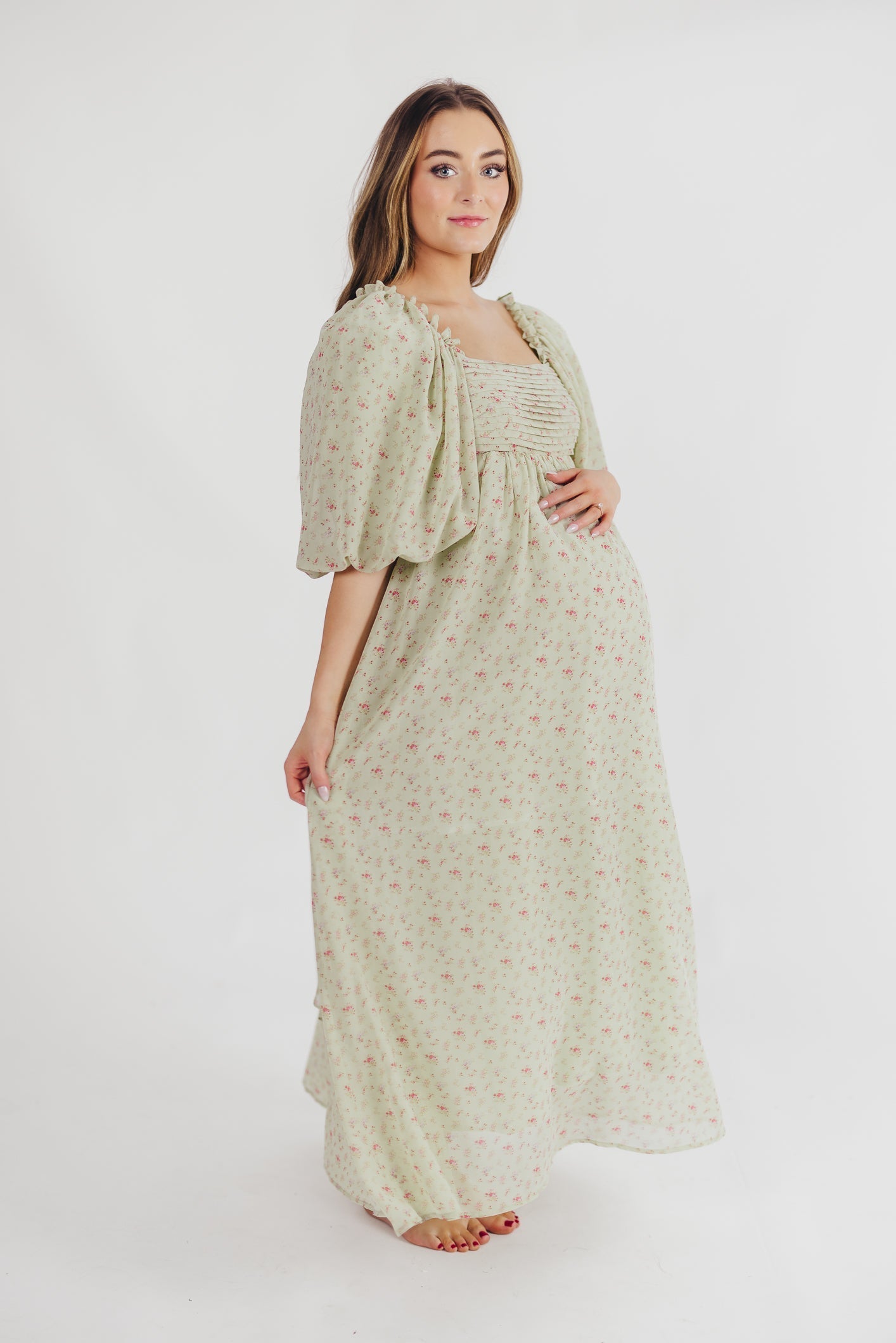 Melody geplooide maxi-jurk met strikdetail in mintgroen bloemen - schokbestendig en inclusief maten (S-3XL)