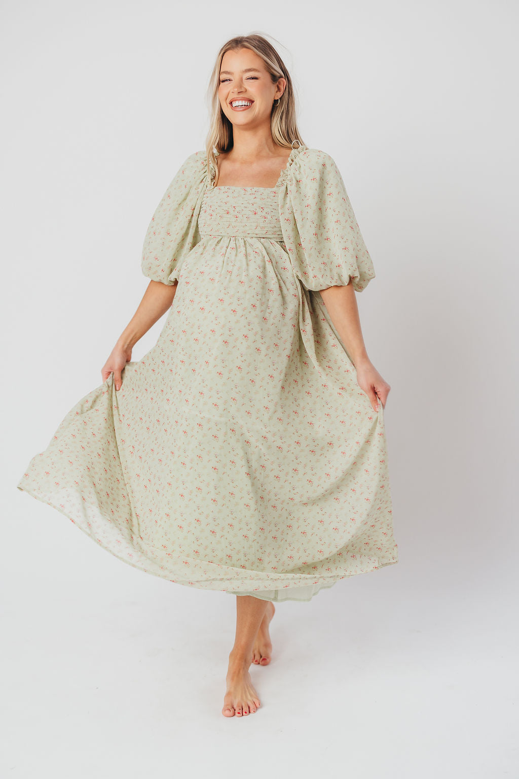 Melody geplooide maxi-jurk met strikdetail in mintgroen bloemen - schokbestendig en inclusief maten (S-3XL)