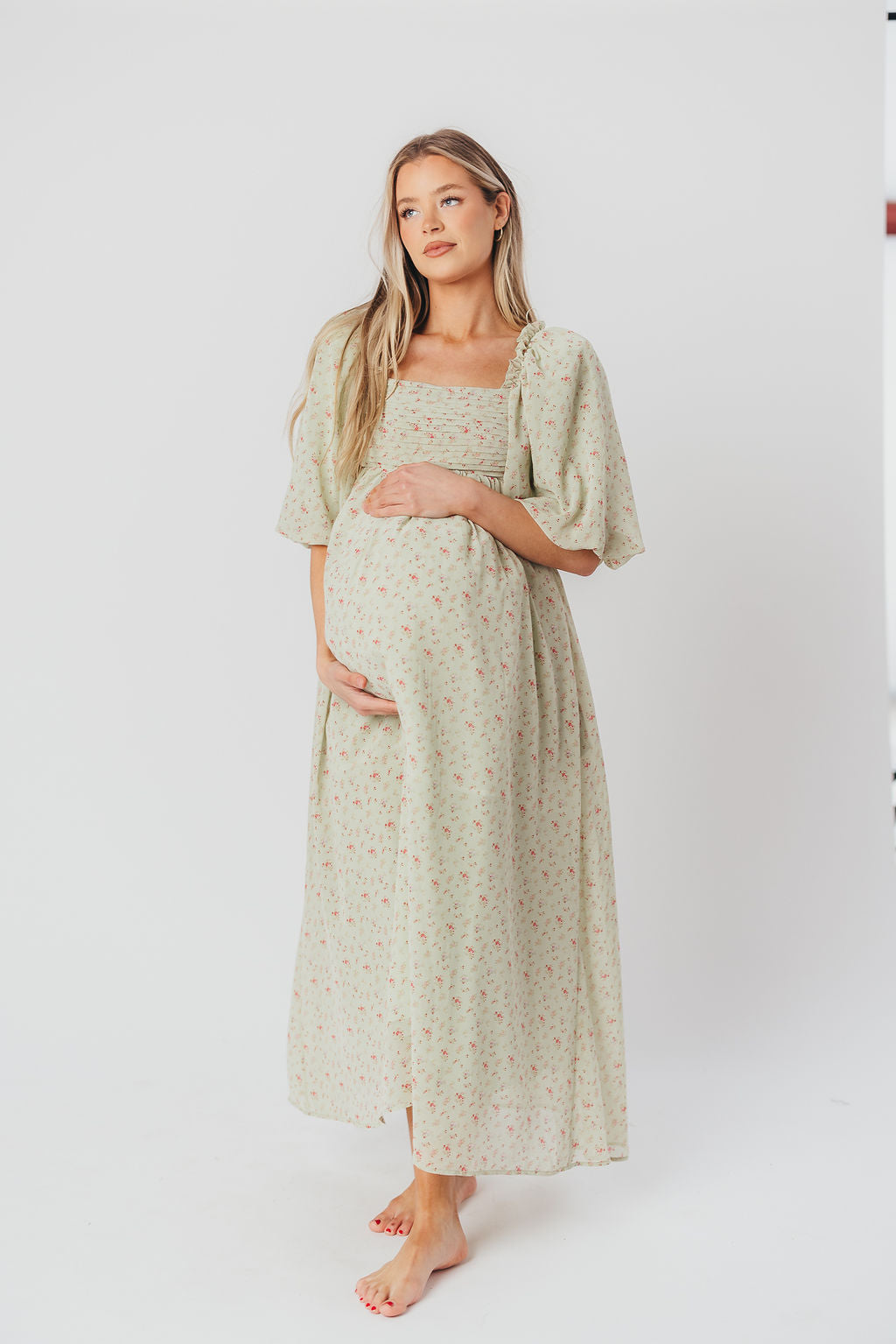 Melody geplooide maxi-jurk met strikdetail in mintgroen bloemen - schokbestendig en inclusief maten (S-3XL)