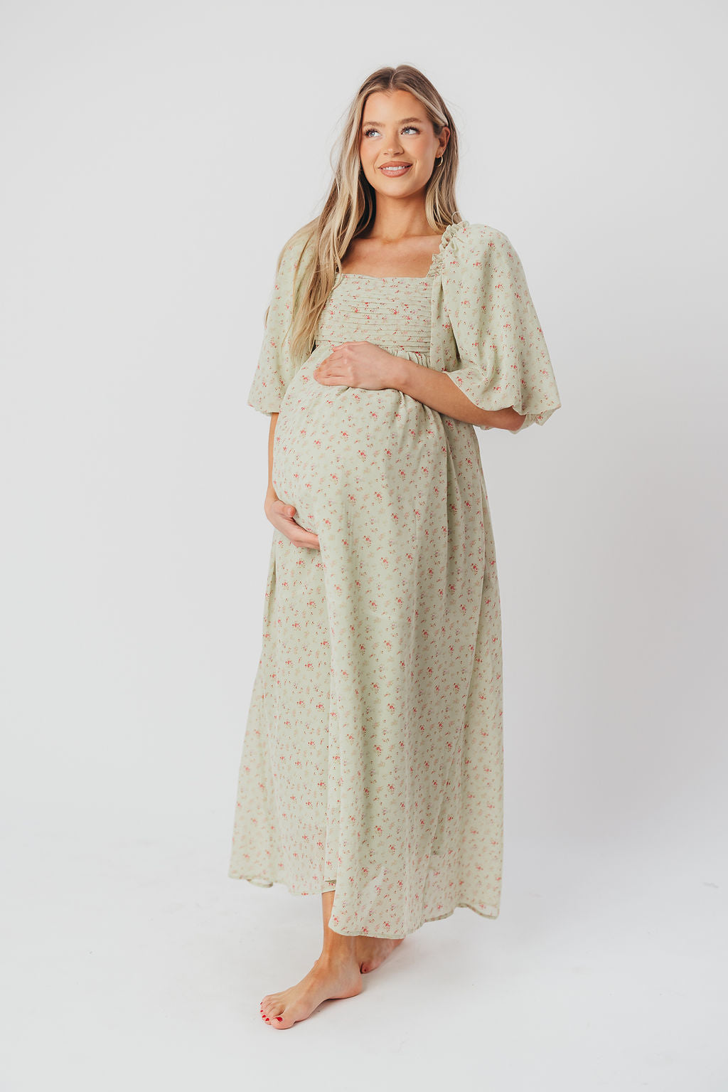 Melody geplooide maxi-jurk met strikdetail in mintgroen bloemen - schokbestendig en inclusief maten (S-3XL)