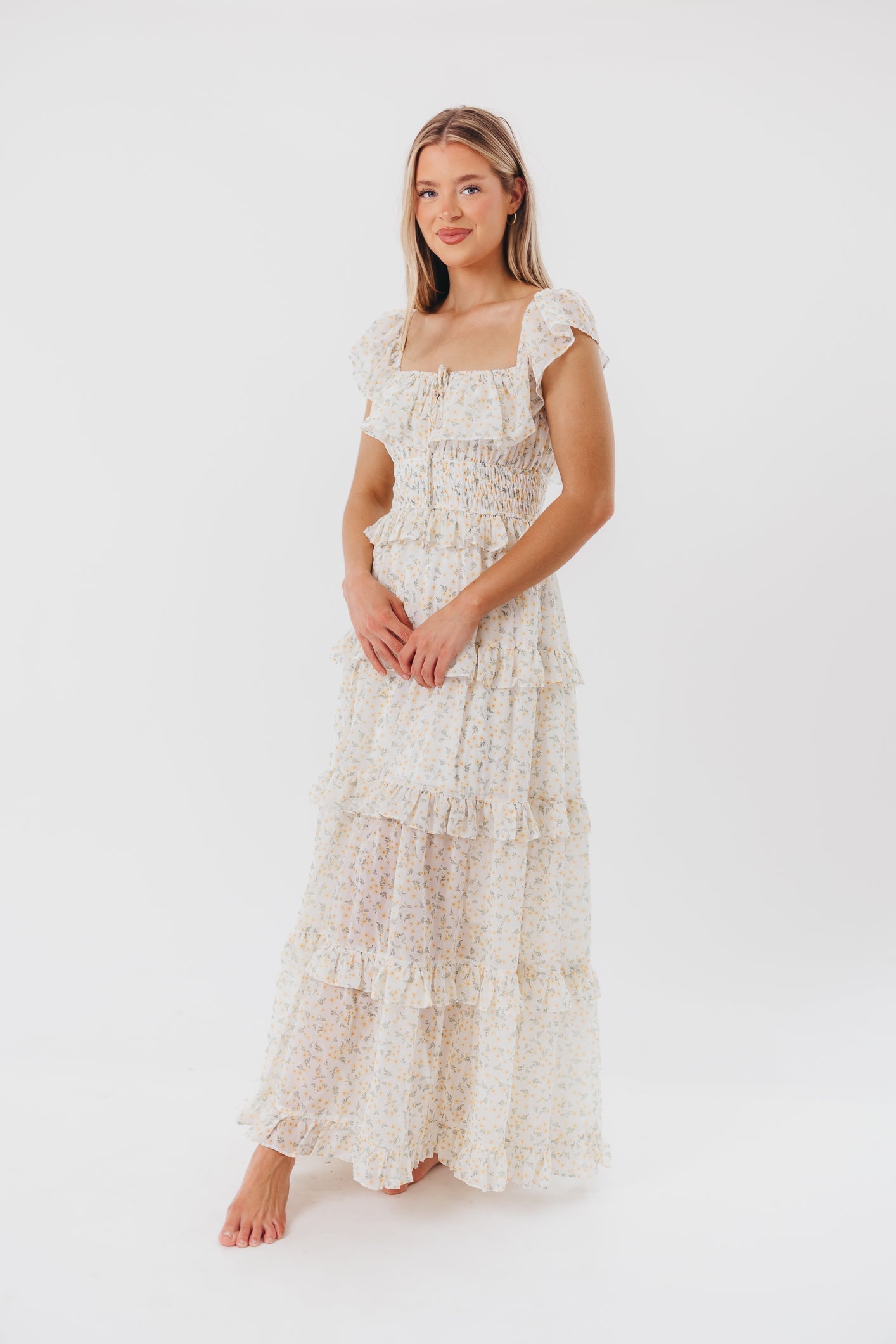 Astrid Maxi-jurk met ruches in gele bloemenprint - Buikvriendelijk (weinig voorraad)