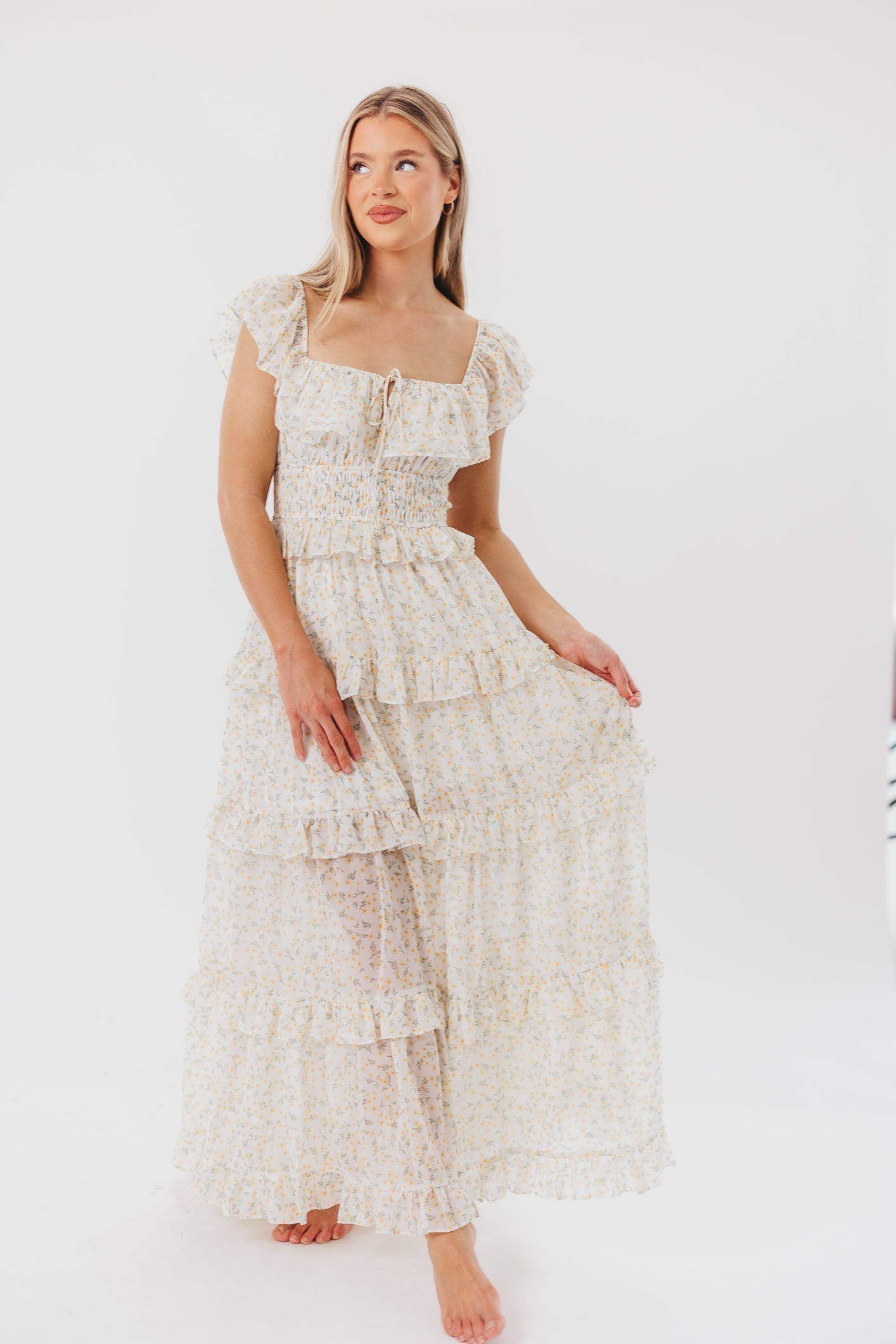 Astrid Maxi-jurk met ruches in gele bloemenprint - Buikvriendelijk (weinig voorraad)