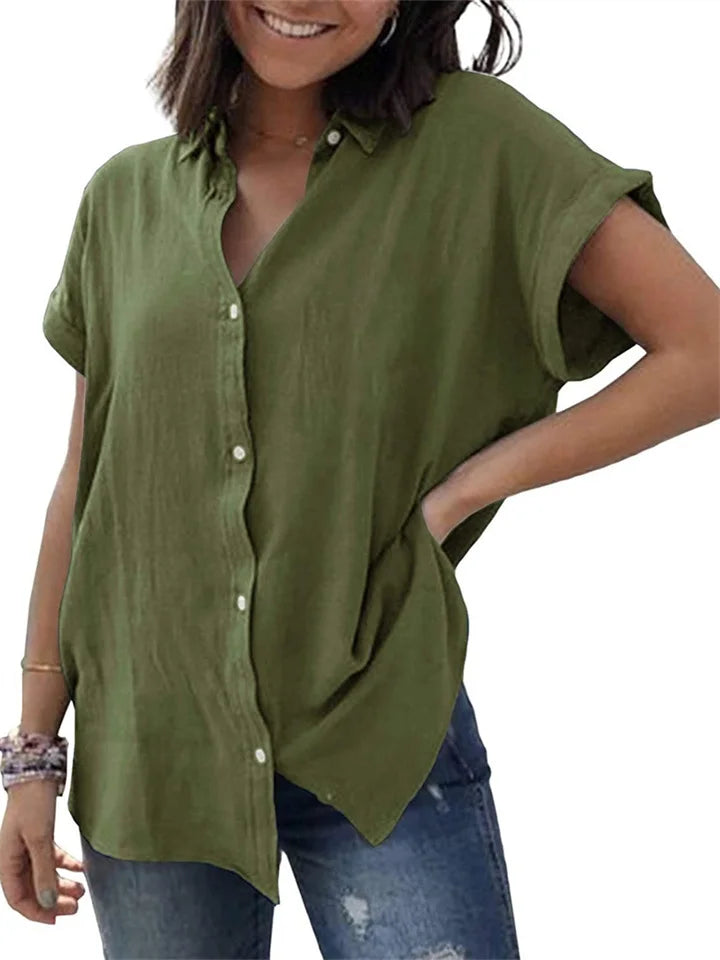 Anna - Casual linnen en katoenen vintage top met korte mouwen