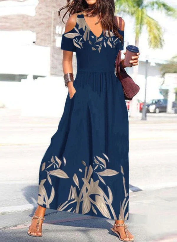 Kobalt Blauwe Koude Schouder Geplooide V-Hals Zomer Maxi Dress