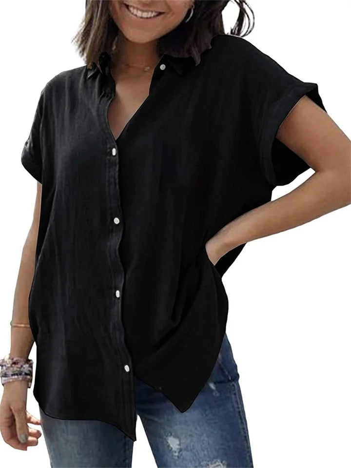 Anna - Casual linnen en katoenen vintage top met korte mouwen