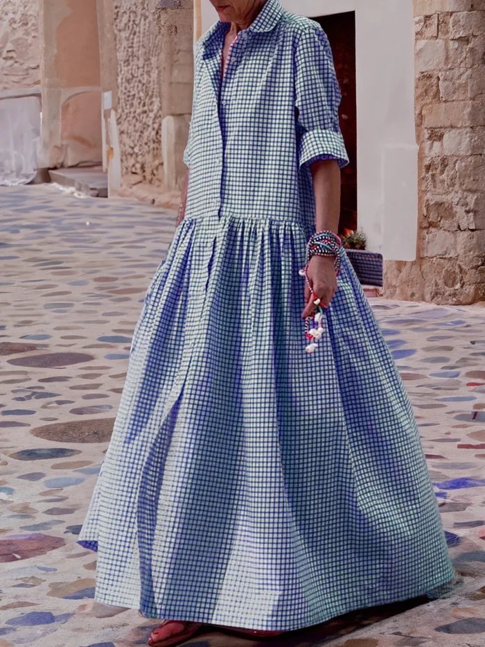 Maxi-jurk met lange mouwen en patchwork voor dames