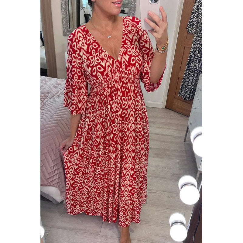 Bohemian casual print V-hals wikkel taille lange jurk
