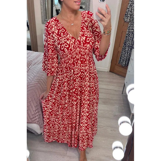 Bohemian casual print V-hals wikkel taille lange jurk