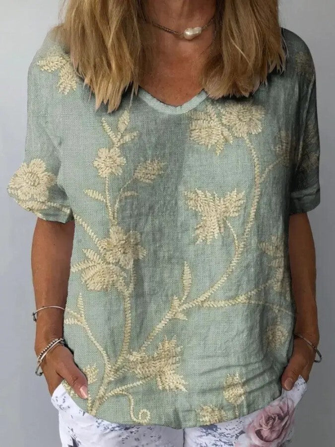 Casual damesoverhemd met retro bloemmotief van katoen en linnen