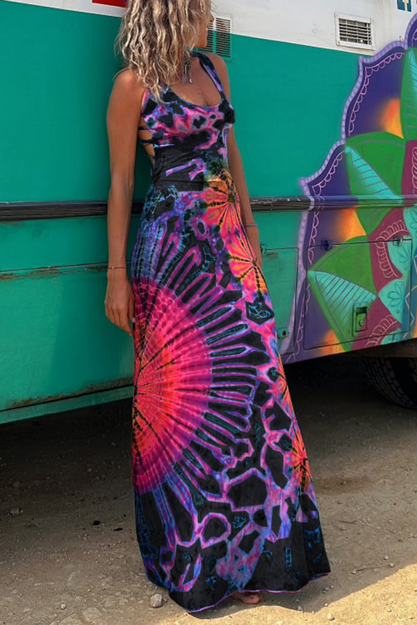 La Bamba Tie-Dye Print Back Lace Up Stretch Maxi-Jurk