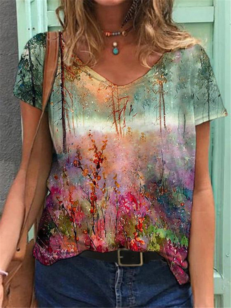 T-shirt met spitse hals en reproductie bloemenprint
