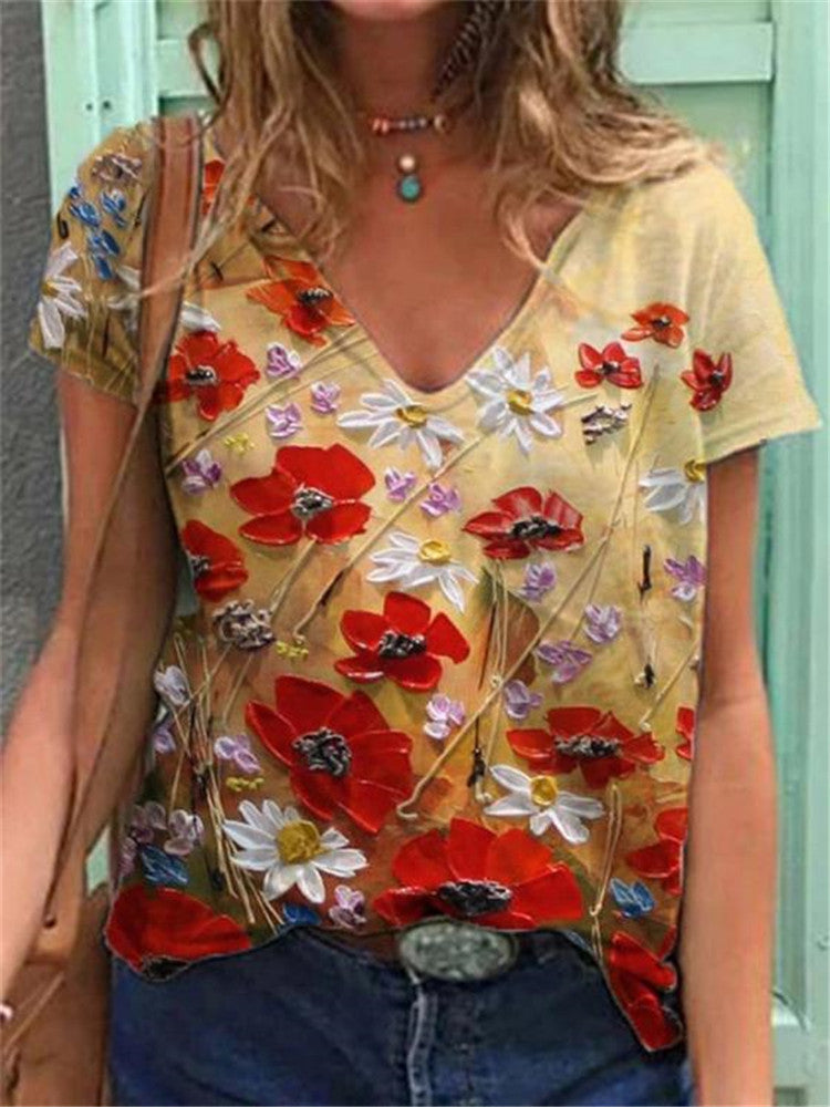 T-shirt met spitse hals en reproductie bloemenprint