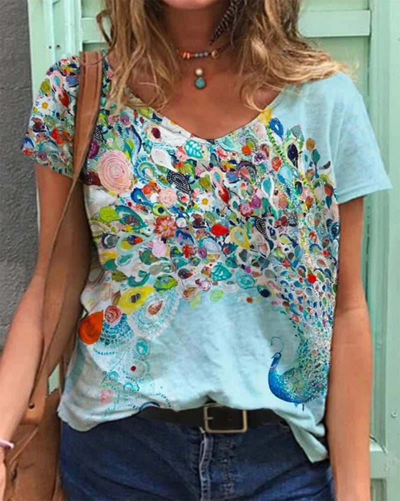 T-shirt met spitse hals en reproductie bloemenprint
