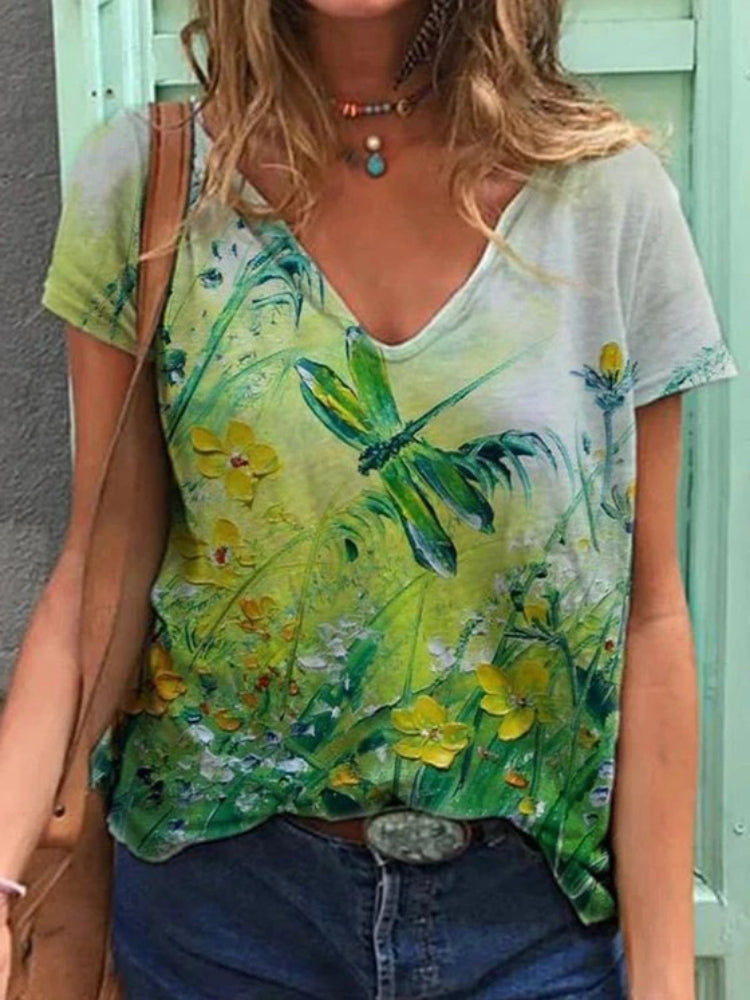 T-shirt met spitse hals en reproductie bloemenprint