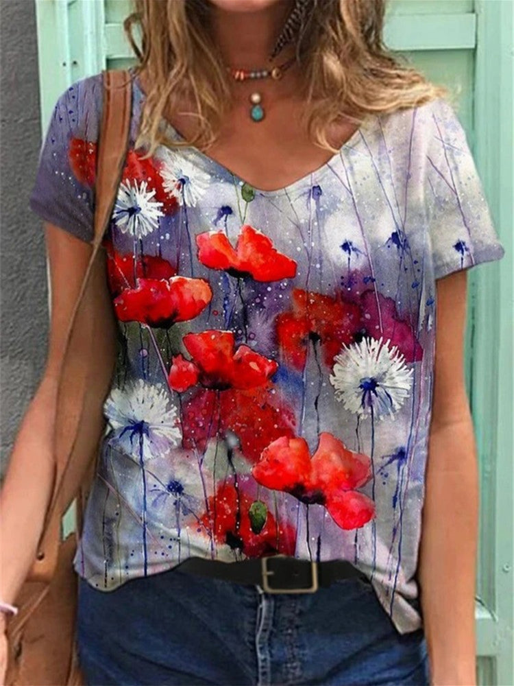 T-shirt met spitse hals en reproductie bloemenprint