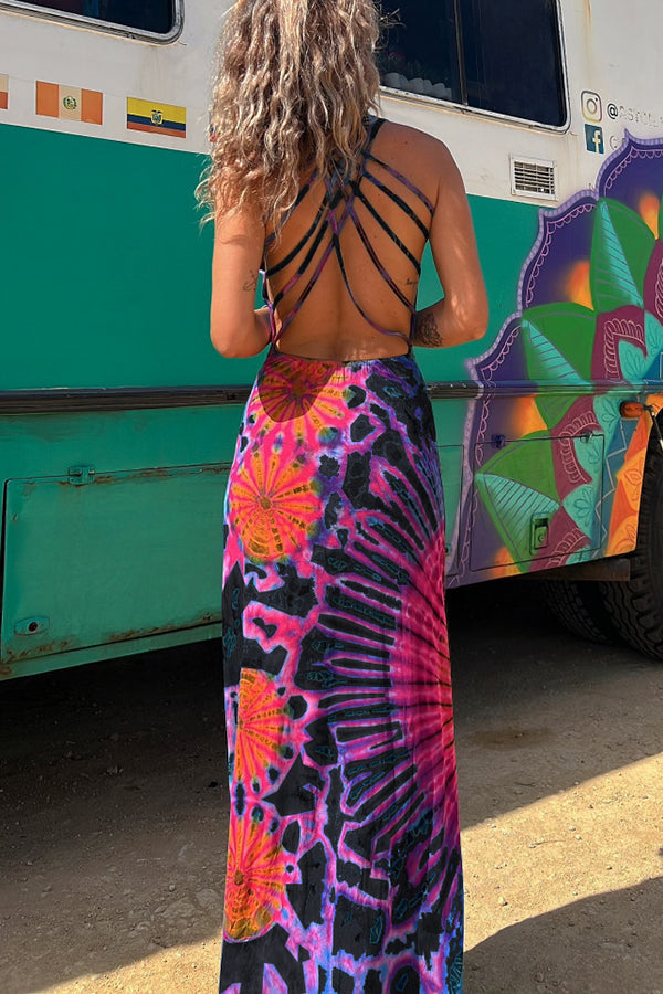 La Bamba Tie-Dye Print Back Lace Up Stretch Maxi-Jurk