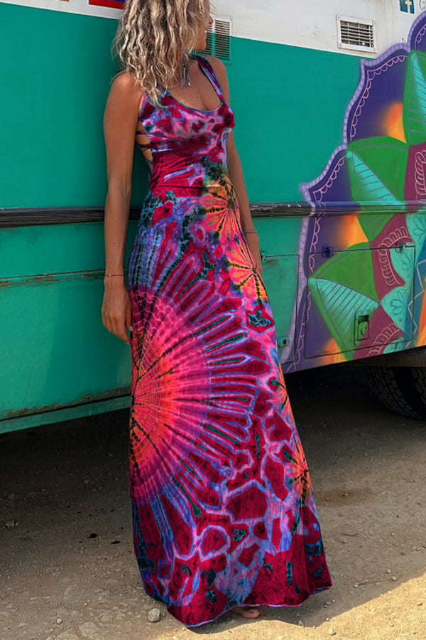 La Bamba Tie-Dye Print Back Lace Up Stretch Maxi-Jurk