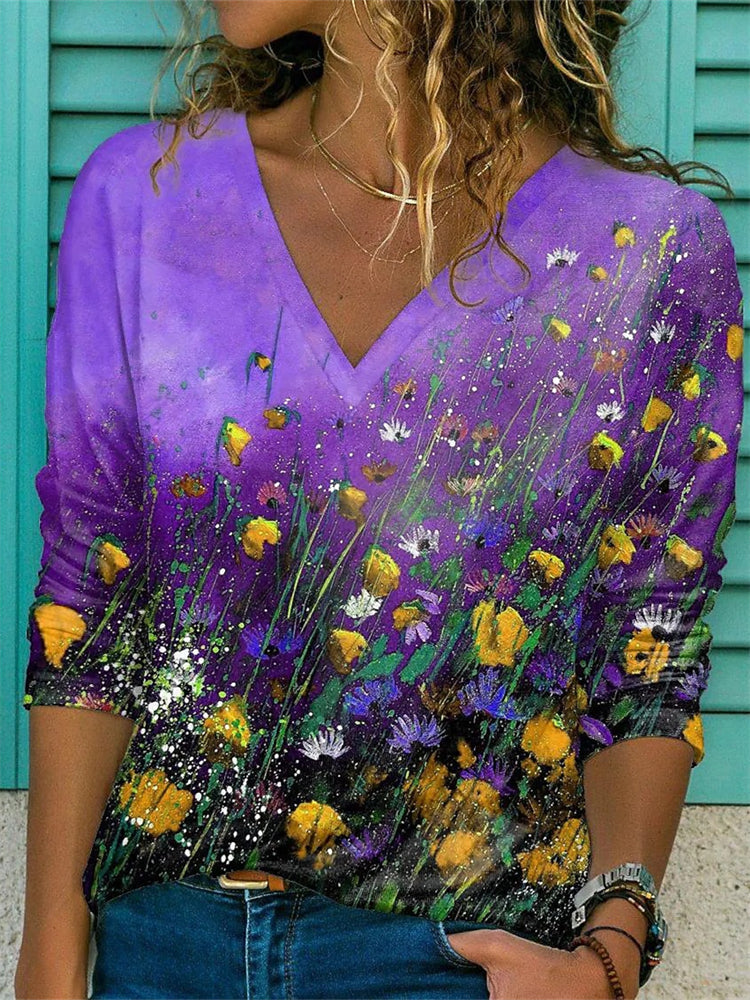 T-shirt met geverfde bloemenhals