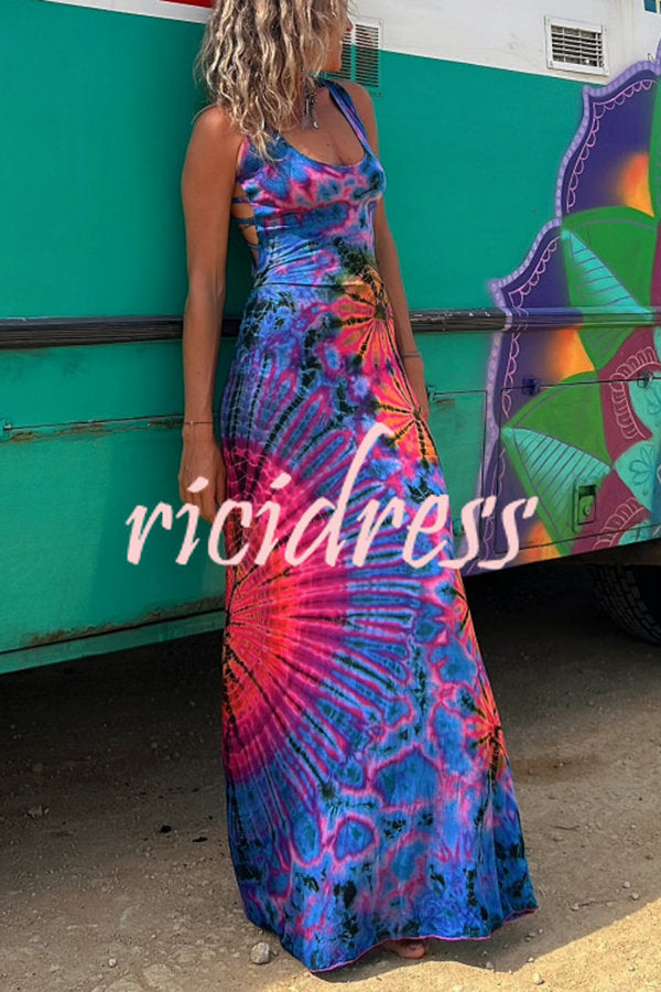 La Bamba Tie-Dye Print Back Lace Up Stretch Maxi-Jurk