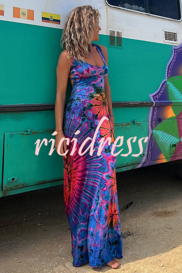 La Bamba Tie-Dye Print Back Lace Up Stretch Maxi-Jurk