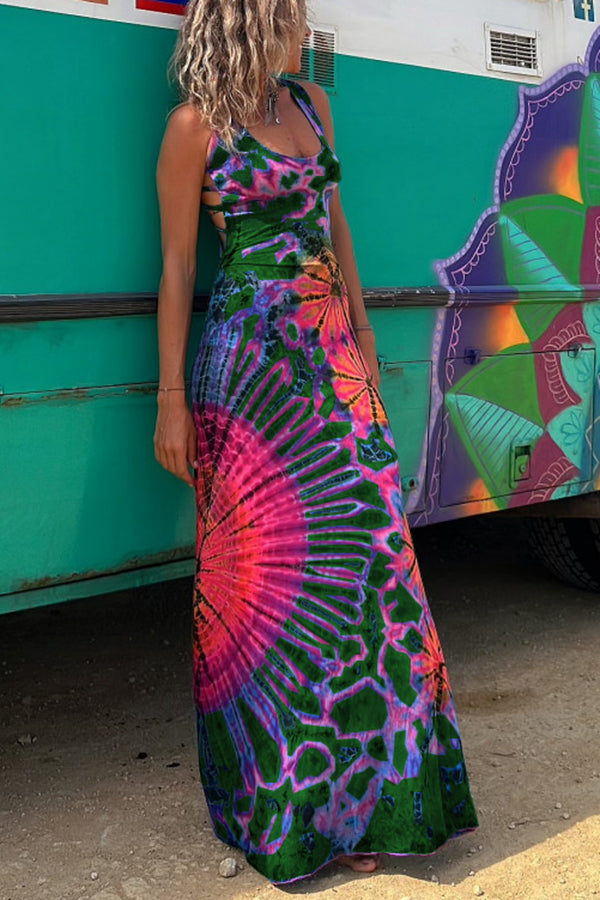 La Bamba Tie-Dye Print Back Lace Up Stretch Maxi-Jurk