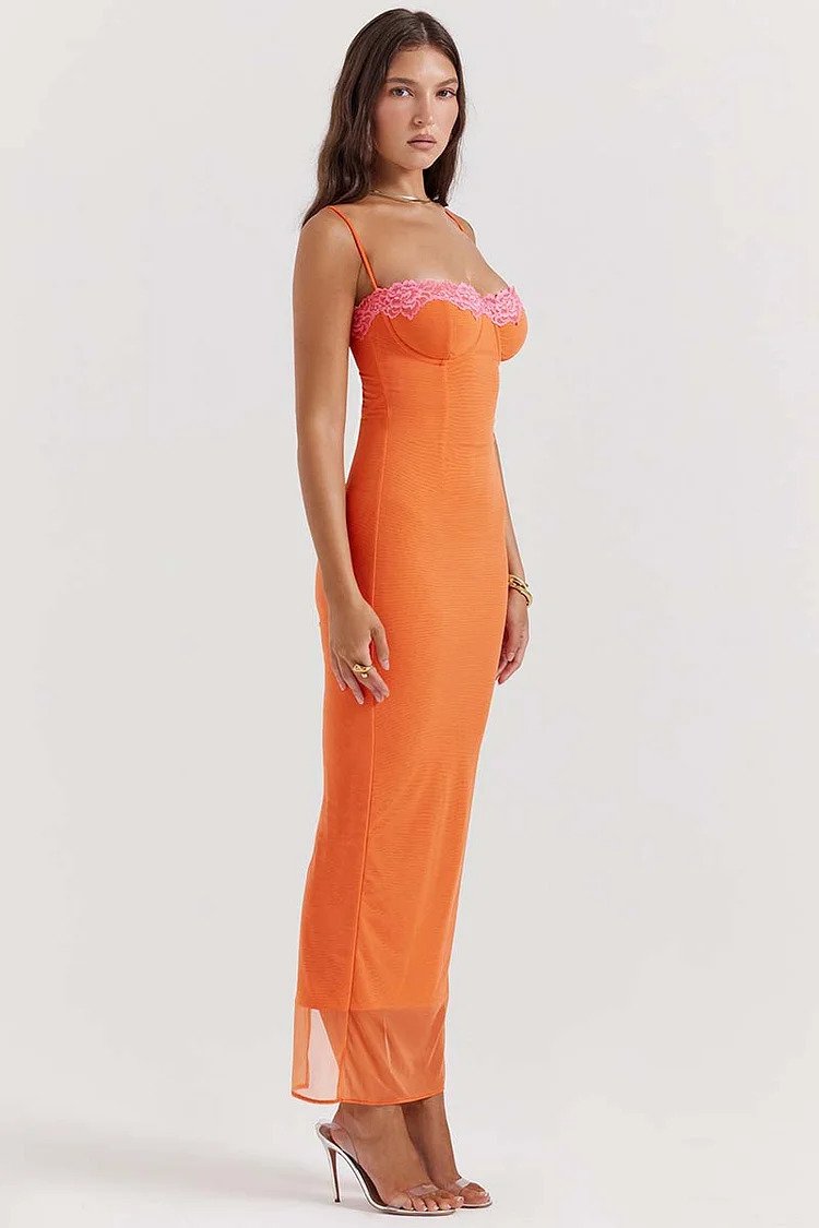 Mesh Bloemen Patchwork corset Cami Bodycon Maxi-Jurk Met Split