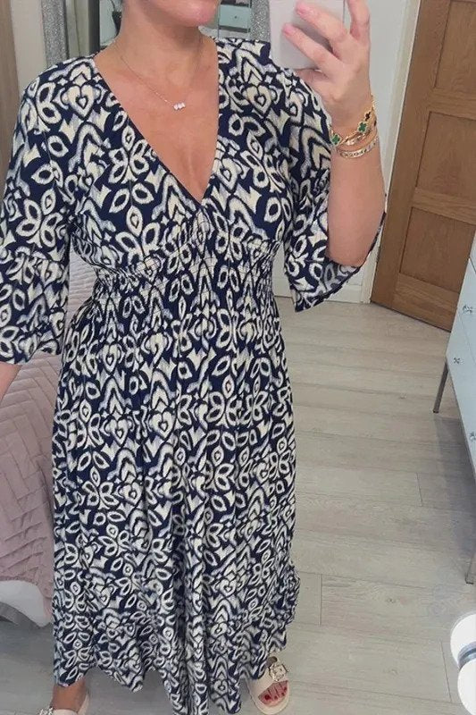 Bohemian casual print V-hals wikkel taille lange jurk