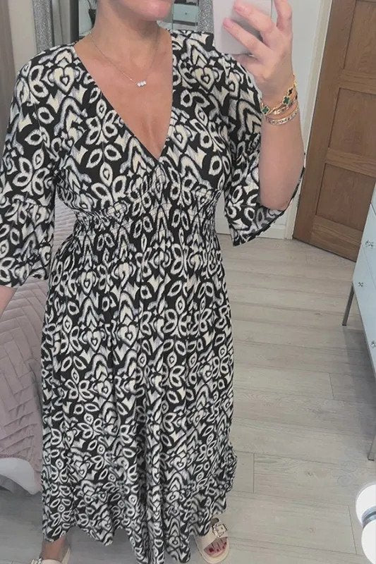 Bohemian casual print V-hals wikkel taille lange jurk