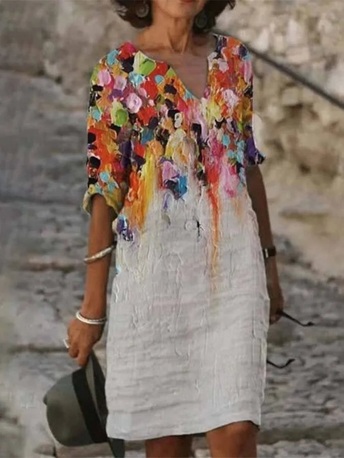 Frida - Katoenen linnen damesjurk met halslijn en olieverfprint