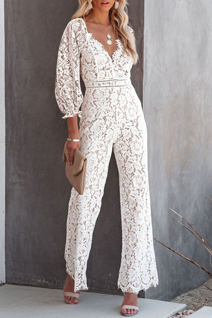 Marta - Geborduurde Kanten V Hals Regular Jumpsuits