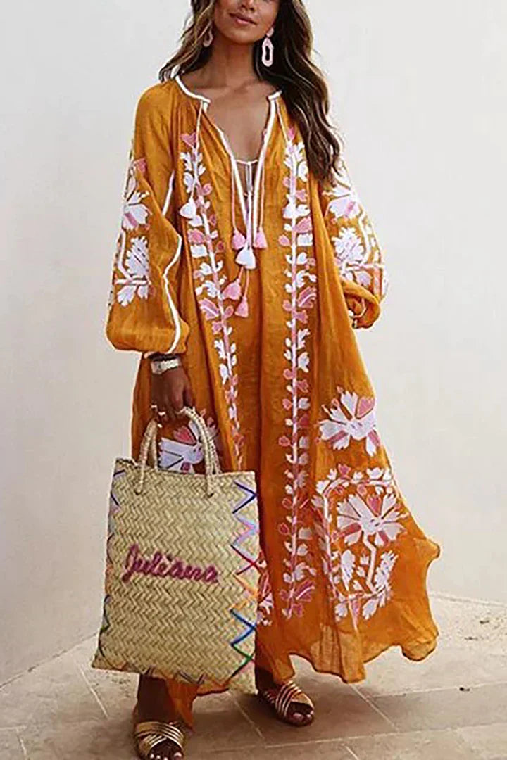 Natalia oversized casual maxi-jurk met lange mouwen, Boheemse bloemenprint en vakantie