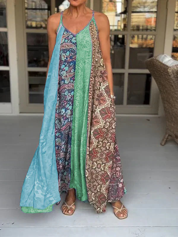 Romina - Casual V-hals jurk met colour block print en jarretels