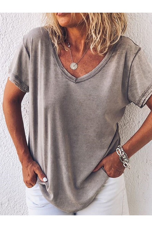 Arlette Korte Mouw V-Hals Licht Grijs Effen T-shirt