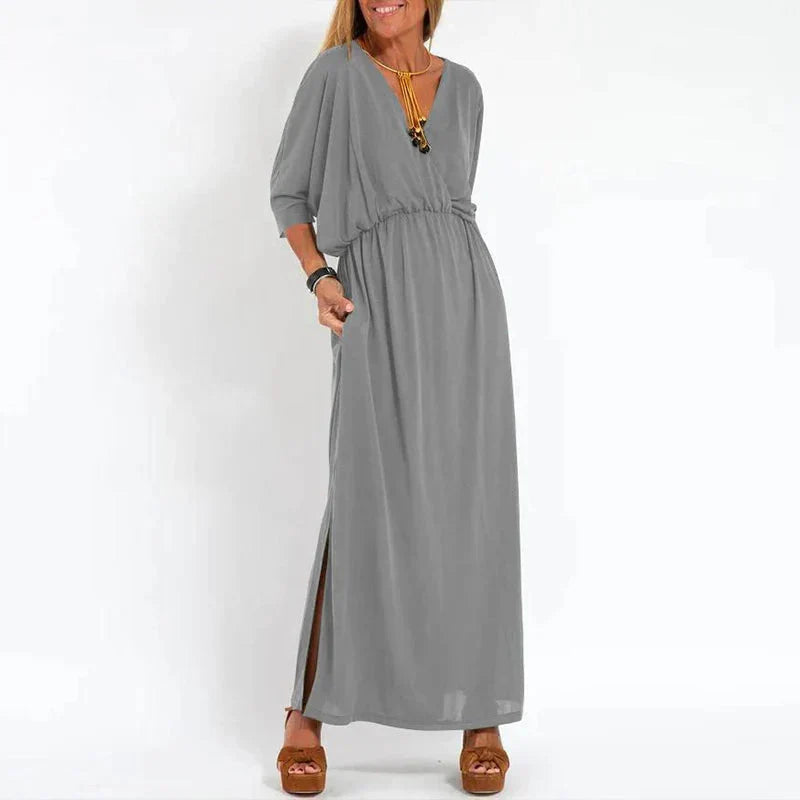 Louisa vintage lange jurk met zijsplit in hoge taille