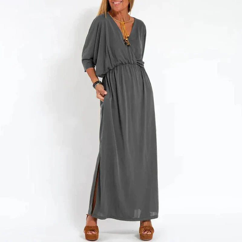 Louisa vintage lange jurk met zijsplit in hoge taille