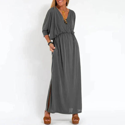 Louisa vintage lange jurk met zijsplit in hoge taille