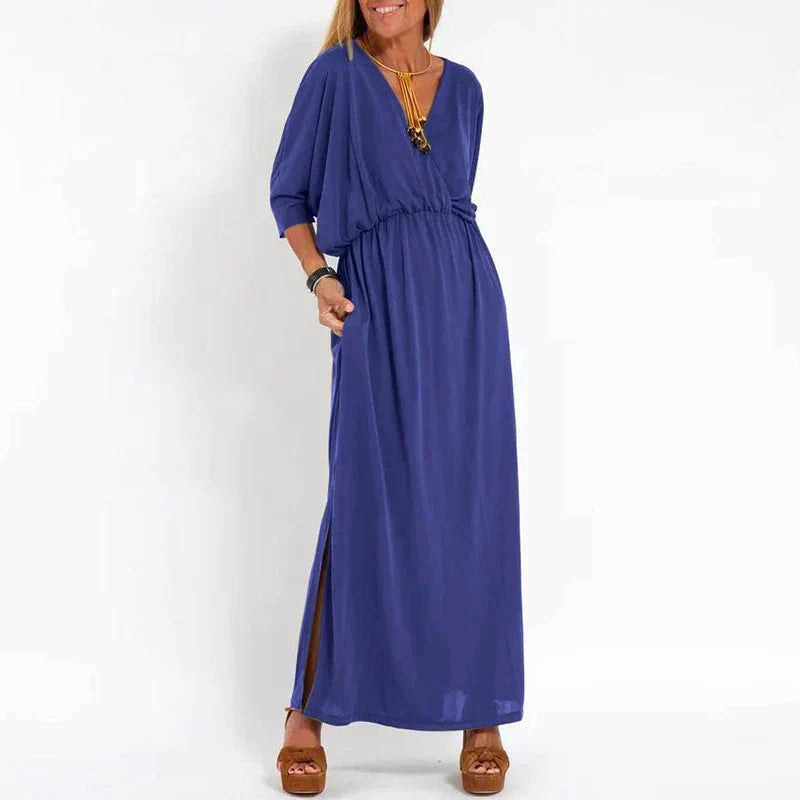 Louisa vintage lange jurk met zijsplit in hoge taille