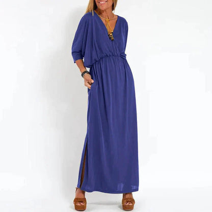 Louisa vintage lange jurk met zijsplit in hoge taille