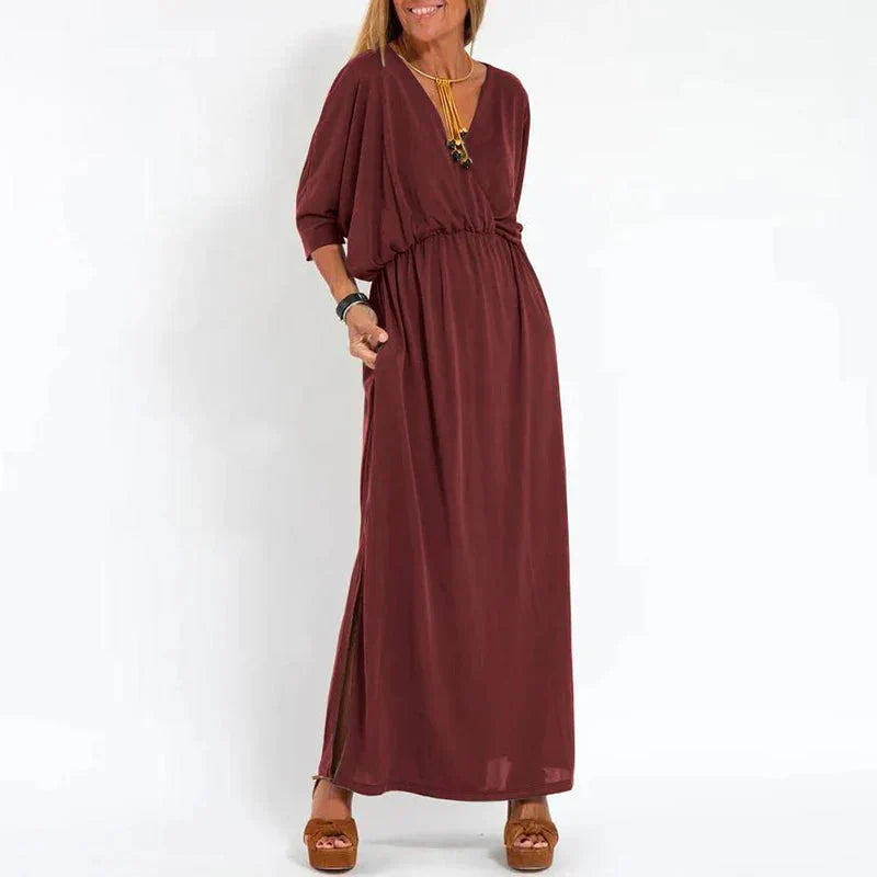 Louisa vintage lange jurk met zijsplit in hoge taille