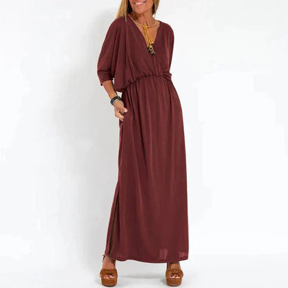 Louisa vintage lange jurk met zijsplit in hoge taille