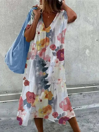 Emma - dames boho strandjurk V-hals zomerjurk met bloemenprint korte mouwen