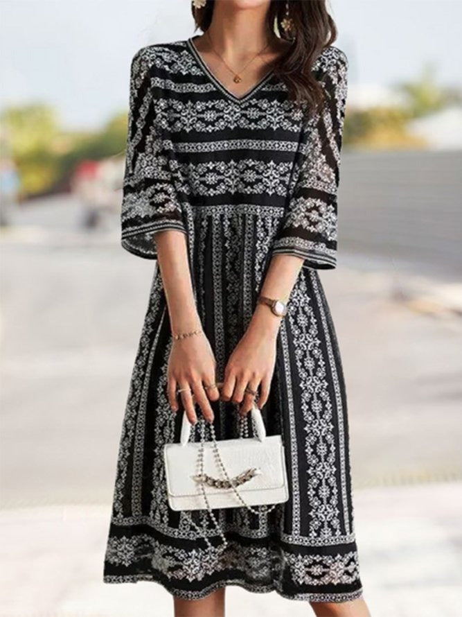 Classy Midi-Jurk Met 3/4 Mouw Print