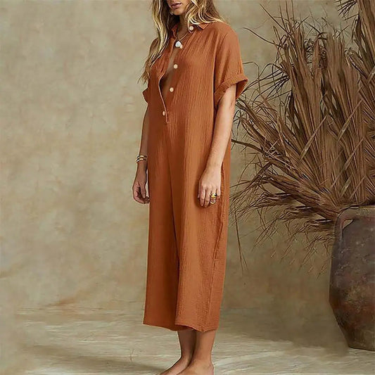 Micaela - Losvallende jumpsuit van katoen met textuur en knopen - Losvallende jumpsuit