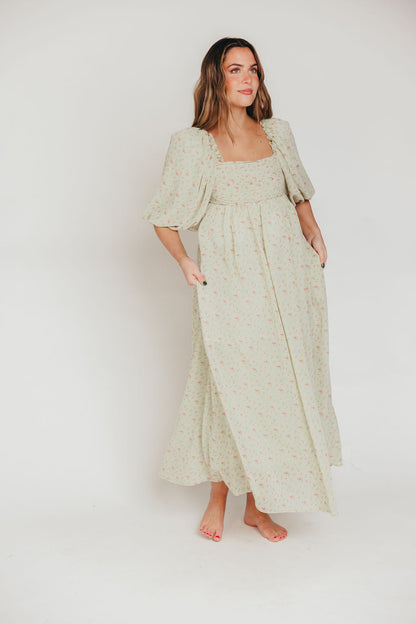 Melody geplooide maxi-jurk met strikdetail in mintgroen bloemen - schokbestendig en inclusief maten (S-3XL)