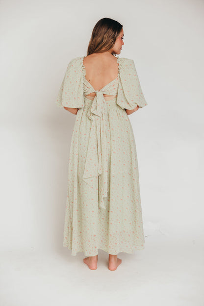 Melody geplooide maxi-jurk met strikdetail in mintgroen bloemen - schokbestendig en inclusief maten (S-3XL)